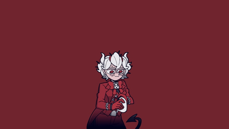 anime, simple background, demon girls, red eyes, tail, Helltaker, red background, red dress, anime girls, 1080P, white hair, demon girl, gloves, dress