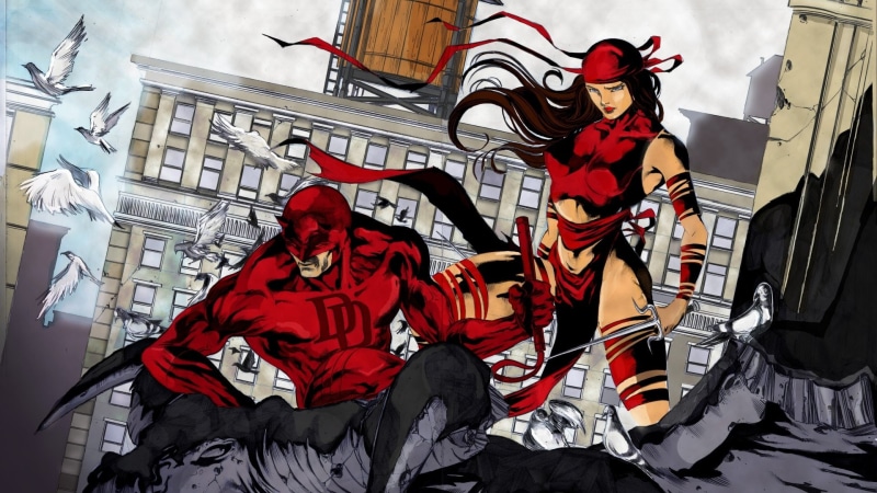 outdoors, built structure, 1080P, Elektra (Marvel Comics), representation, winter, sitting, leisure activity, Matt Murdock, three quarter length, cold temperature