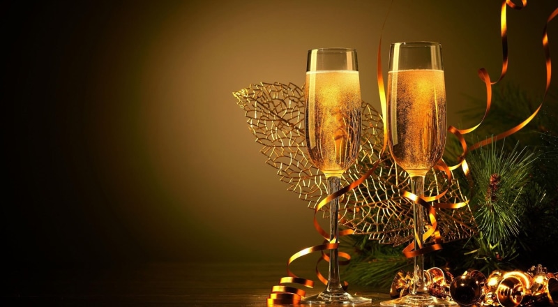 cheers, beautiful, ribbon, champagne, celebrate, golden, 1080P, holiday, romantic, glasses, happy new year