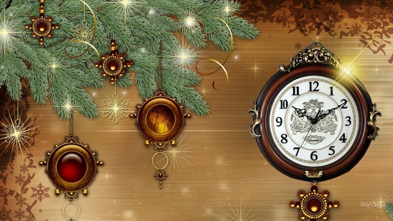 feliz navidad, time, spruce, new year, snowlfakes, christmas, 1080P, bronze, shine, cheer, decorations, clock, holiday