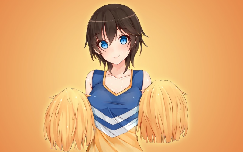 lifestyles, colored background, blue eyes, indoors, clothing, one person, women, orange color, cheer girl, yellow background, looking at camera, brown hair
