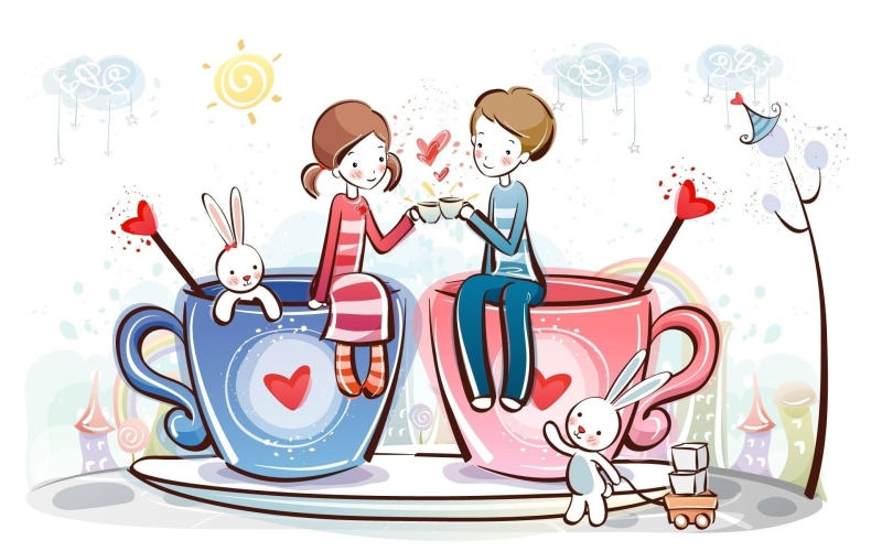 rabbit, heart, love, red, boy, girl, 1080P, drawing, cup, couple