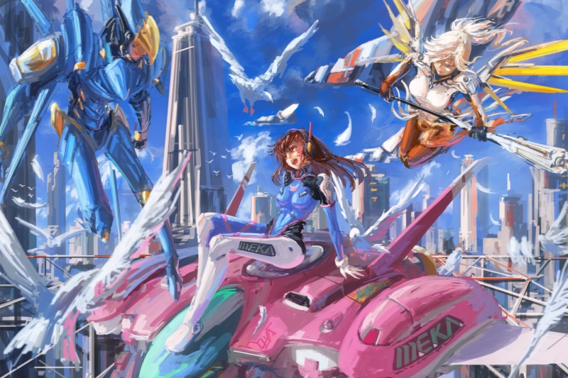 Mercy (Overwatch), Pharah (Overwatch), D.Va (Overwatch), 1080P, Overwatch, video games