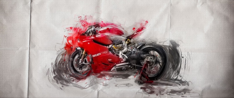 art and craft, vehicle, textured effect, Ducati, bike, studio shot, paper, isolated color, artwork, nature, paint, ink, black, high angle view, illustration