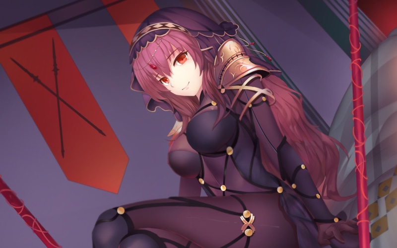 Thigh Highs, Sitting, Smile, Anime, Girl, Fate/Grand Order, Scathach (Fate/Grand Order), Fate (Series), 1080P, Fate Series, Bodysuit