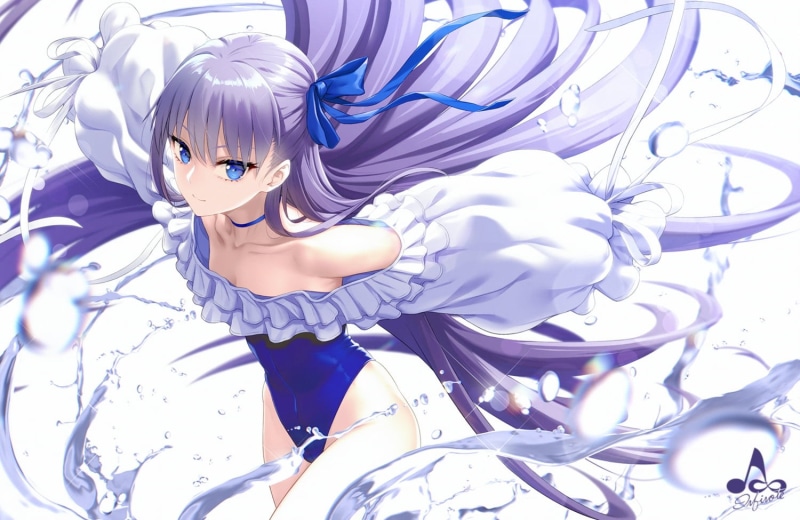 white, long hair, anime, ribbons, blue eyes, Fate/Grand Order, Meltlilith, water, 720P, purple hair