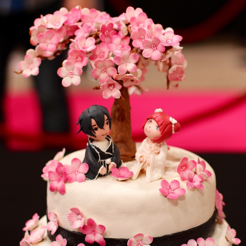 nature, wedding cake, pink color, no people, male likeness, decorated, female likeness, religion, wedding, white, cherry blossoms, top, style, manga, hanami