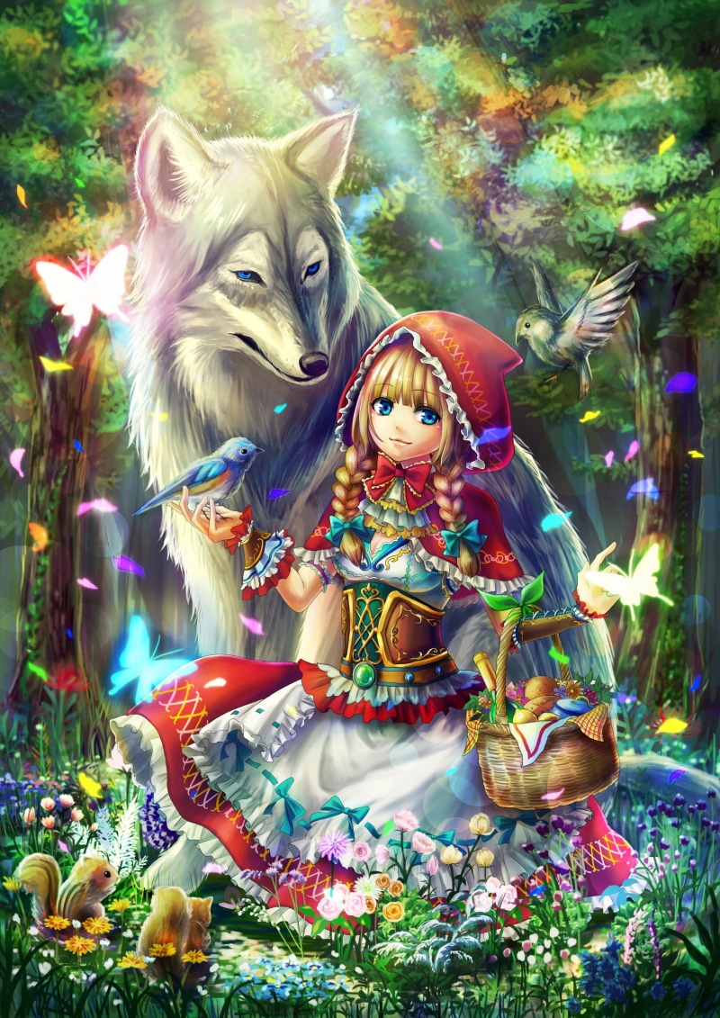 Little Red Riding Hood, cleavage, 2K, open shirt, flowers, Red Riding Hood, birds, anime, anime girls, forest, blue eyes, wolf, blonde, long hair