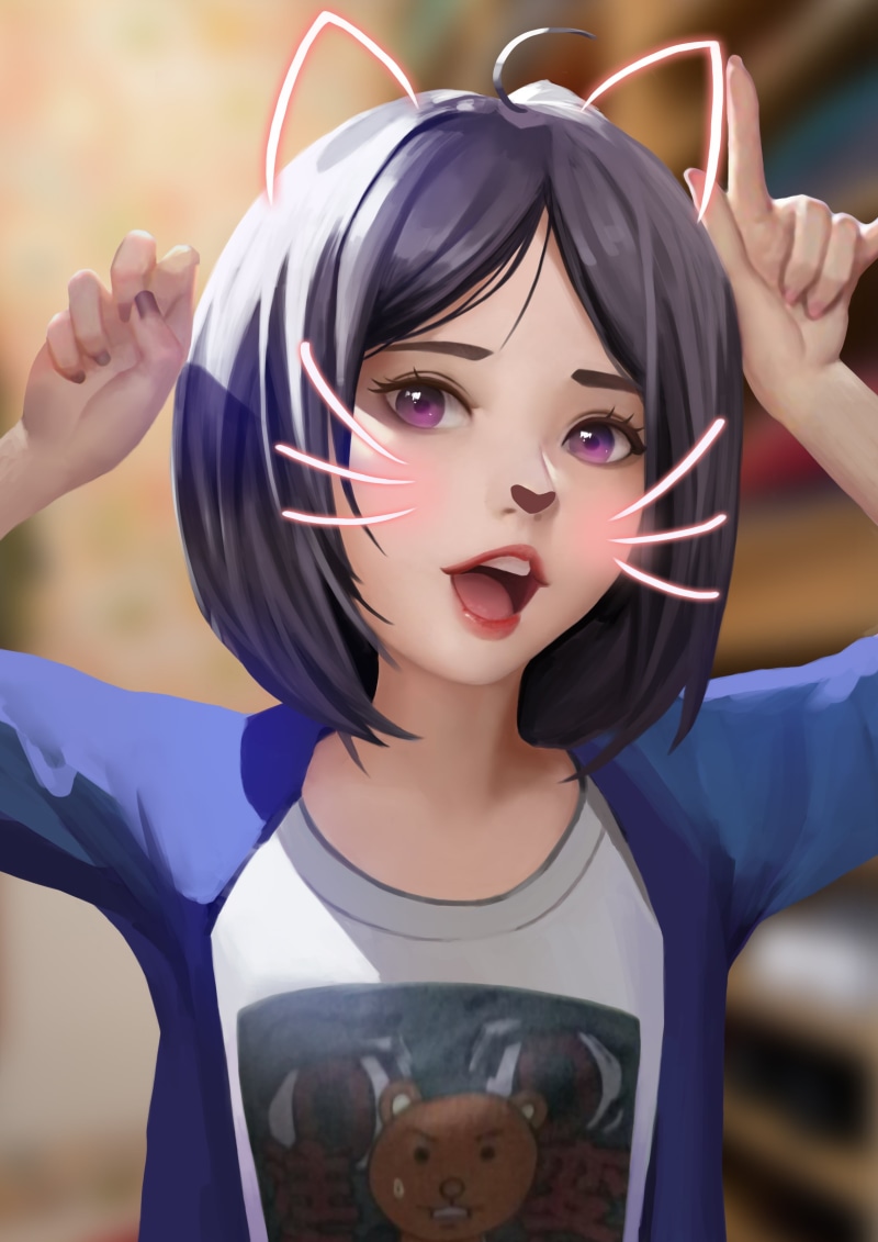 dark hair, 2K, sweater, women, anime, T-shirt, Ke Xue, artwork, cat ears, cat girl, original characters, 2D, drawing, anime girls, happy, looking at viewer