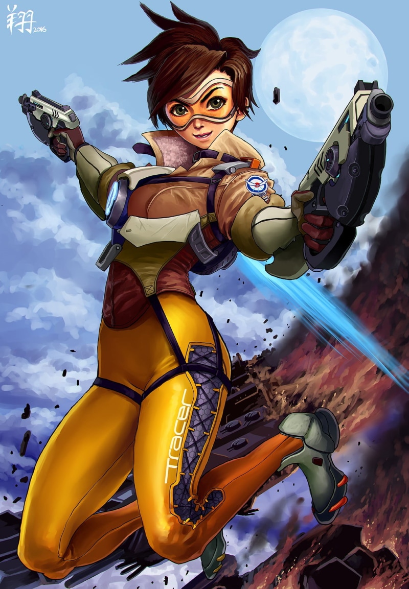 tracer, Moon, gun, outdoors, cloud - sky, adult, bodysuit, beauty, anime, females, nature, short hair, fantasy, costume, emotion, Tracer (Overwatch), anime girls