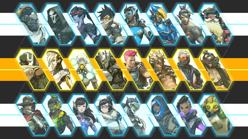 retail, Reaper (Overwatch), Reinhardt (Overwatch), video games, Zarya (Overwatch), Genji (Overwatch), Hanzo (Overwatch), full frame, Pharah (Overwatch)