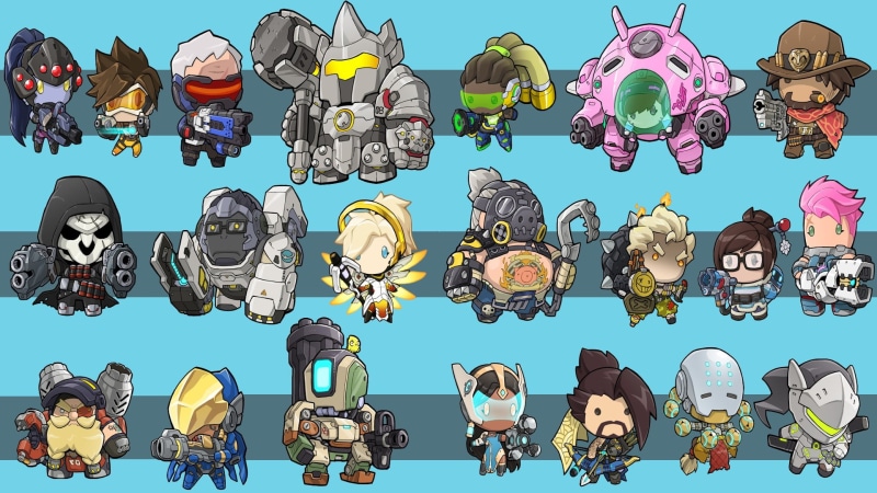 Pharah (Overwatch), Junkrat (Overwatch), Widowmaker (Overwatch), chibi, Genji (Overwatch), indoors, Mei (Overwatch), anime, Winston (Overwatch), assorted