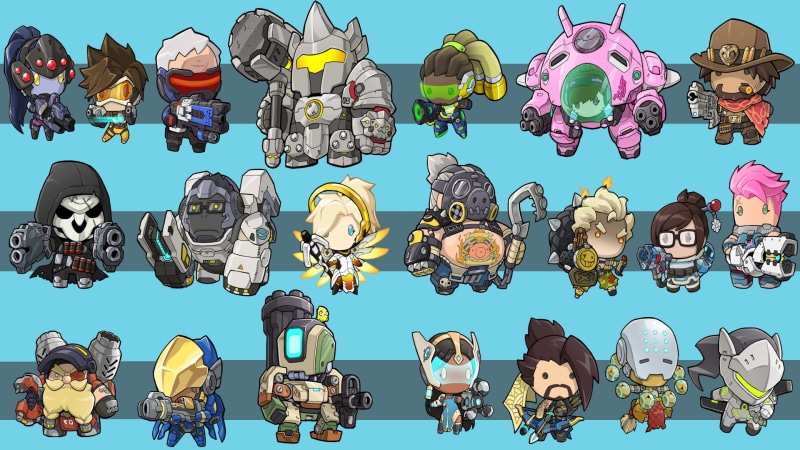 Reaper (Overwatch), Zenyatta (Overwatch), Mercy (Overwatch), Mei (Overwatch), Zarya (Overwatch), Winston (Overwatch), Soldier: 76, Hanzo (Overwatch), Reinhardt (Overwatch)