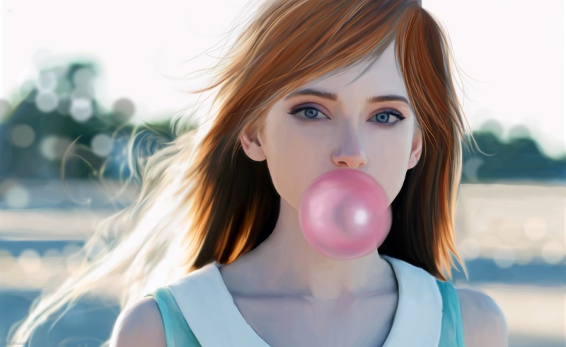 bubblegum, artwork, portrait, hair, young adult, women, long hair, looking at camera, redhead, 2K, one person, headshot, real people, hairstyle, front view