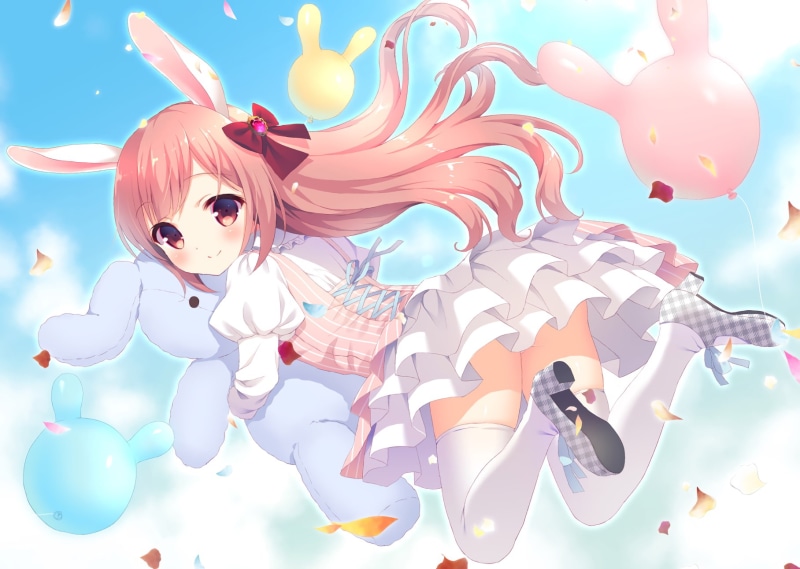 animal representation, sky, animal themes, inflatable, blue, close-up, Anime, multi colored, anime girl, bunny ears, dress, large group of objects, jumping