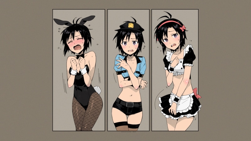 manga, short hair, Kikuchi Makoto, shy, Miyamoto Smoke, 1080P, short shorts, stockings, THE iDOLM@STER, bunny suit, maid outfit, uniform, collage, hot pants