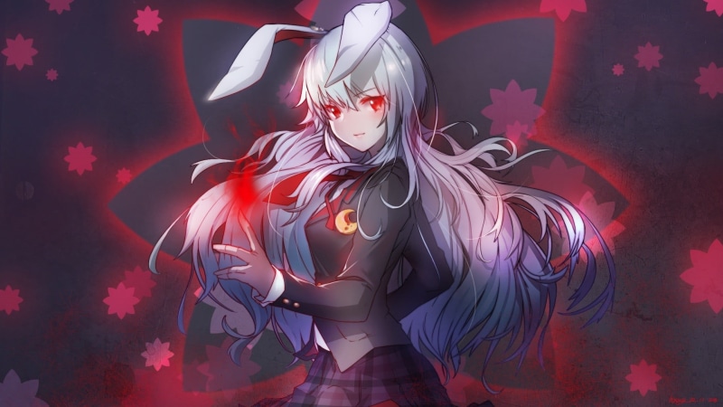 women, Reisen Udongein Inaba, red eyes, lifestyles, red, young adult, one person, bunny ears, long hair, illuminated, indoors, front view, light - natural phenomenon