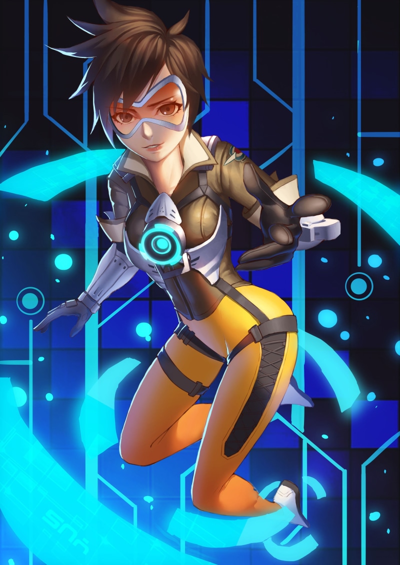 hairstyle, three quarter length, multi colored, anime, clothing, Overwatch, technology, 2K, females, bodysuit, young adult, lifestyles, short hair, tracy