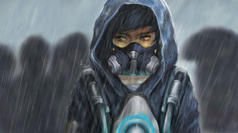 digital art, obscured face, security, gas mask, men, headshot, day, real people, hood - clothing, one person, mask, clothing, Tracer (Overwatch), front view
