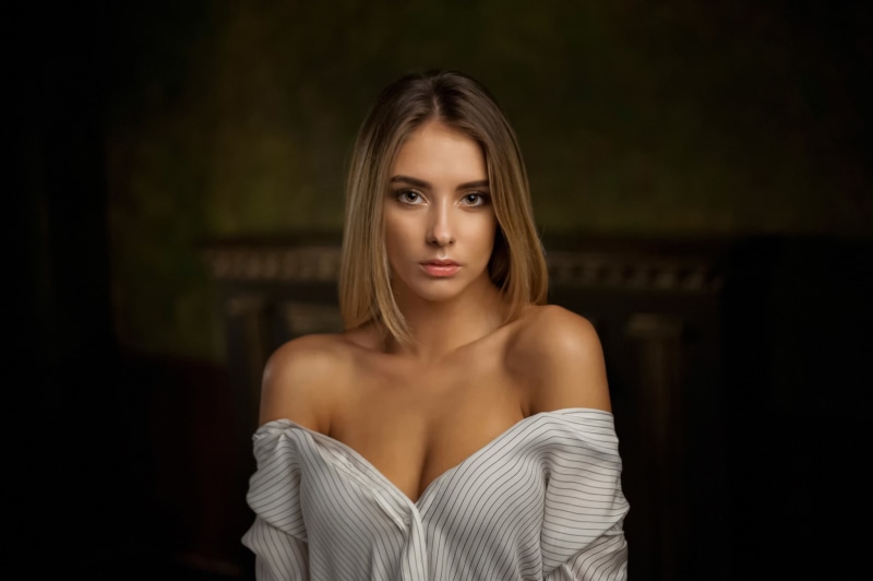 semi-dress, standing, front view, young women, women, hair, model, focus on foreground, long hair, looking at camera, Maxim Maximov, contemplation, beautiful woman