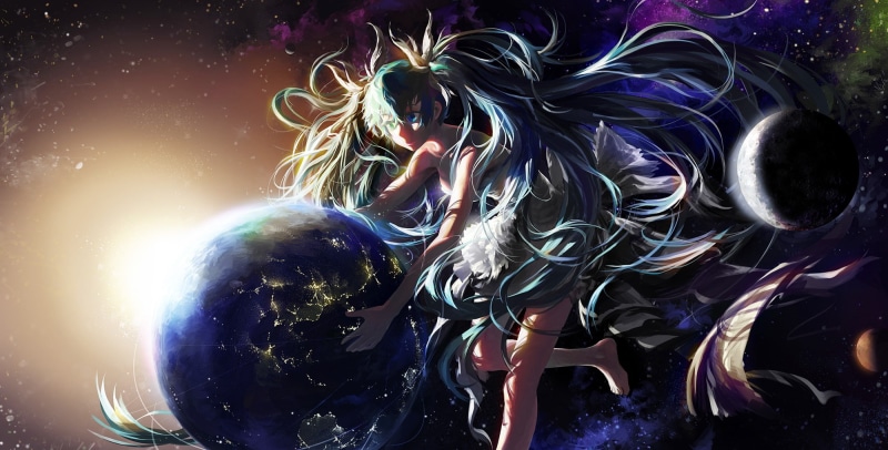 anime girls, abstract, space, anime, glowing, no people, twintails, multi colored, sphere, arts culture and entertainment, nature, illuminated, black color
