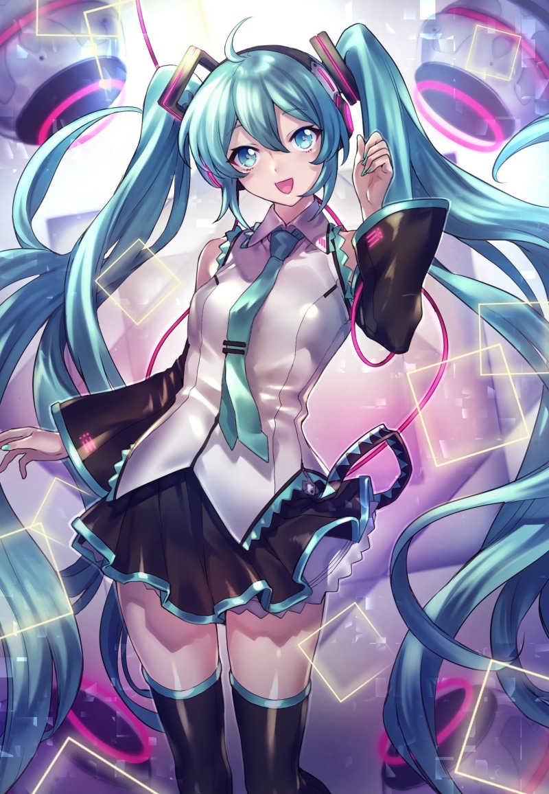 anime girls, pink color, blue hair, 1080P, adult, art and craft, beauty, thigh-highs, Hatsune Miku, dancing, representation, hairstyle, female, technology