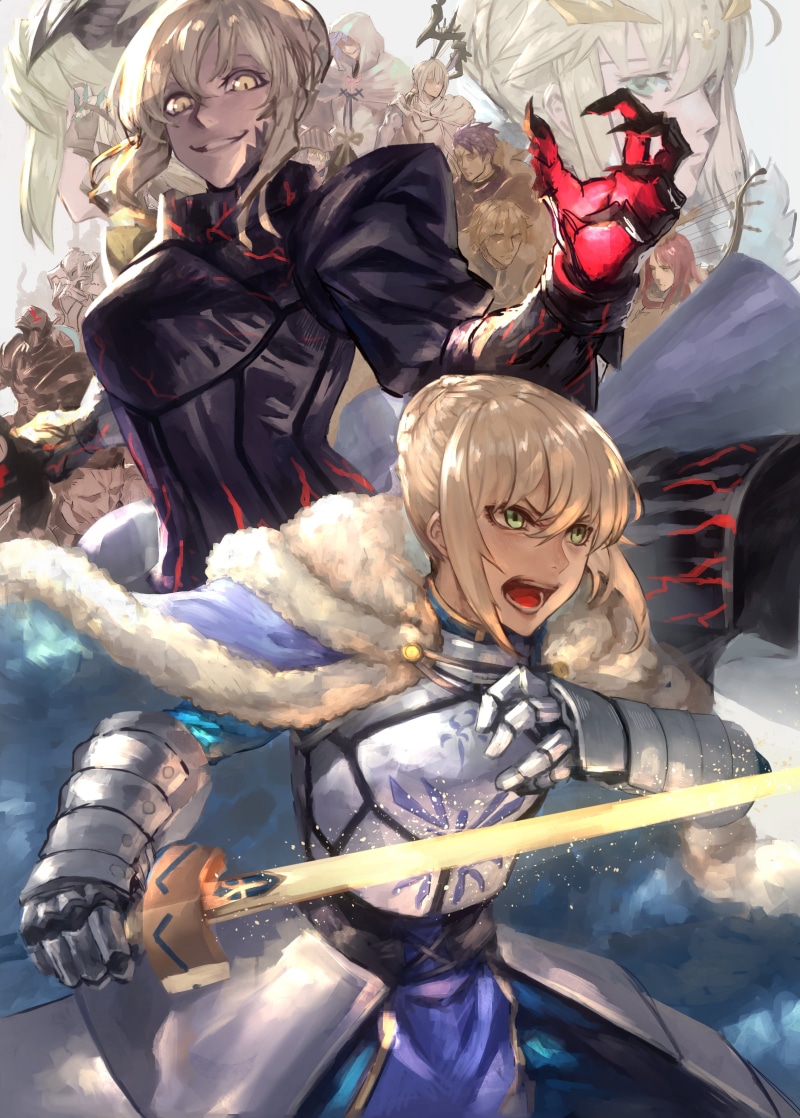 Fate/Stay Night, smiling, fantasy weapon, Bedivere (Fate/Grand Order), green eyes, Saber of Red, Fate/Grand Order, fan art, 2D, Arturia Pendragon, vertical