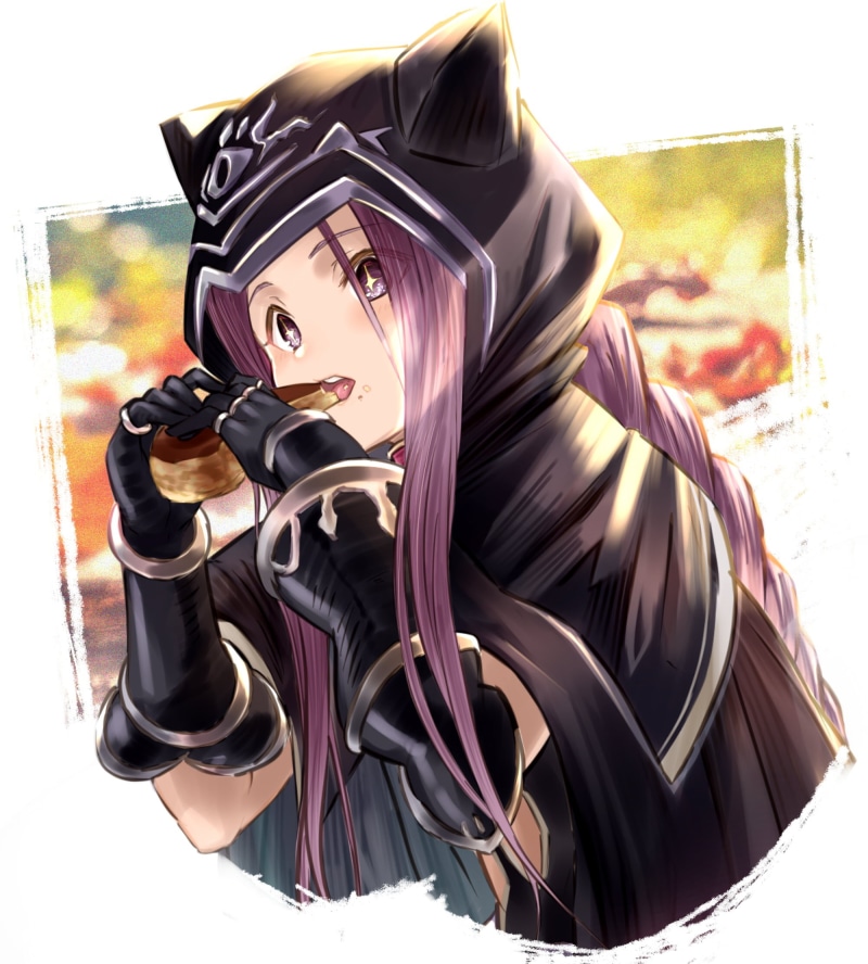 Medusa (Lancer), fan art, anime girls eating, Fate/Grand Order, digital art, looking at viewer, long hair, Fate Series, violet eyes, anime girls, violet hair