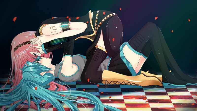 fashion, illuminated, arts culture and entertainment, illustration, Megurine Luka, clothing, high angle view, backgrounds, creativity, night, anime girls