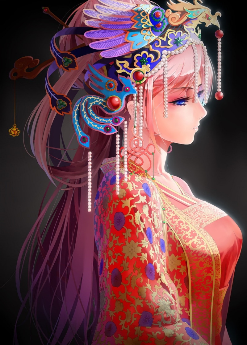 long hair, blue eyes, anime, Vocaloid, 720P, Megurine Luka, anime girls, pink hair, Chinese dress