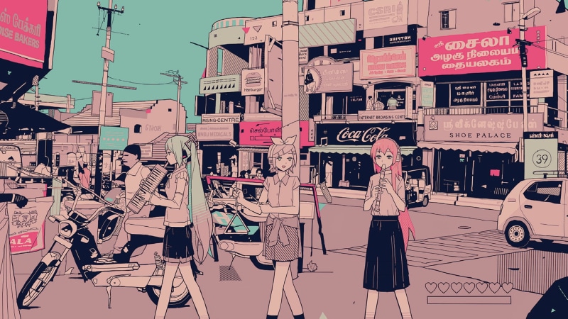 standing, one person, Luka Megurine, day, 1080P, side view, street, table, built structure, Rin Kagamine, Retro, Anime, adult, young adult, women, building exterior