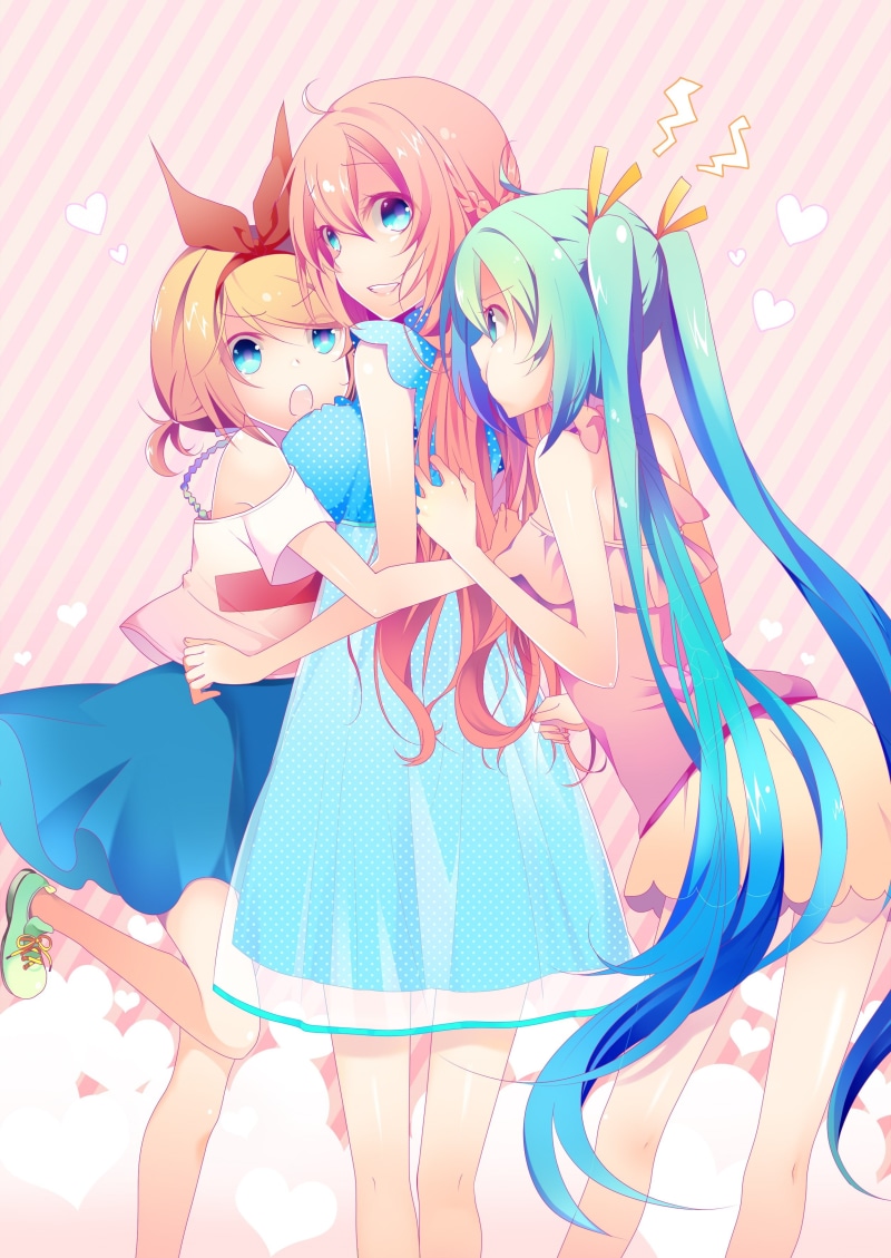 mammal, clothing, blue, human body part, portrait, 2K, Hatsune Miku, people, Megurine Luka, fashion, Vocaloid, multi colored, lifestyles, emotion, women
