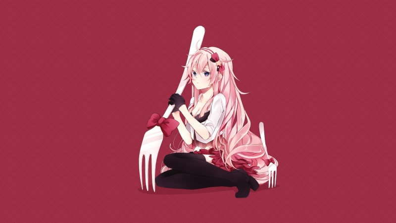720P, indoors, adult, anime, copy space, sitting, studio shot, Megurine Luka, one person, beautiful woman, hairstyle, young adult, anime girls, full length