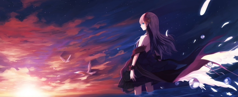 nature, fashion, dress, hairstyle, young women, birds, adult, standing, one person, anime, beauty in nature, night, three quarter length, cloud - sky, skirt