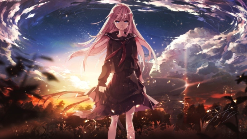 nature, real people, young women, pink hair, front view, piano, school uniform, Megurine Luka, leisure activity, standing, one person, sky, Vocaloid, fashion
