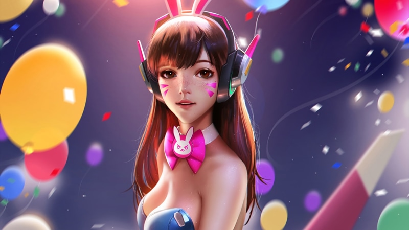 video games, digital art, balloon, freckles, D.Va (Overwatch), choker, cleavage, 1080P, headphones, Overwatch