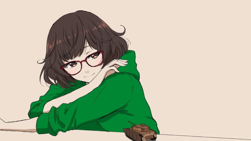 anime girls, minimalism, panzer IV, simple background, Girls und Panzer, 1080P, manga, glasses, Akiyama Yukari, anime, short hair, meganekko