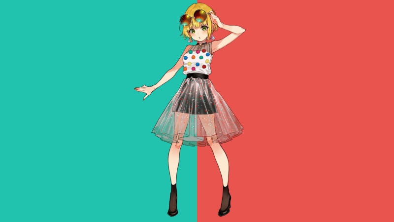 meganekko, anime girls, minimalism, blonde, simple background, high-heeled shoes, green, manga, 1080P, red, anime, colorful