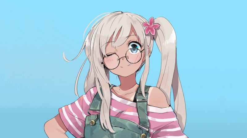 studio shot, 1080P, hairstyle, blue background, females, meganekko, anime girls, casual clothing, beautiful woman, human body part, pigtails, blond hair