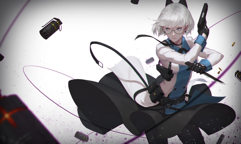 gun, anime girl, meganekko, bomb, knife, 4K, Anime, white hair