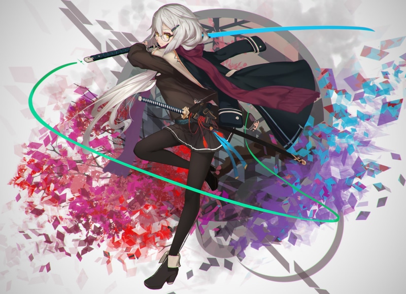 gray hair, glasses, anime, sword, long hair, 1080P, anime girls, skirt, meganekko, yellow eyes, weapon