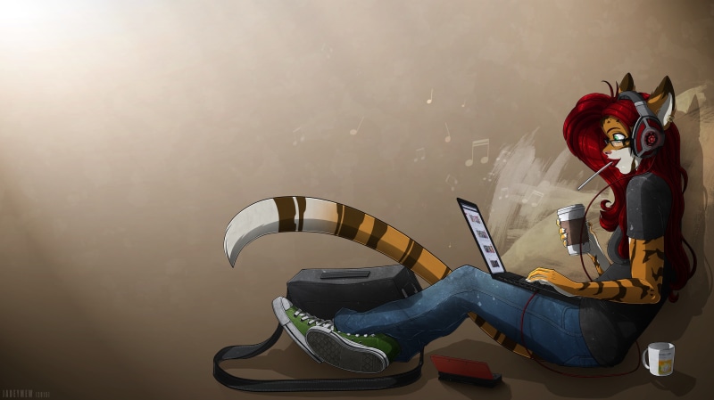 coffee, Anthro, Glasses, Nintendo DS, Furry, Game Babe, headphones, laptop, 2K