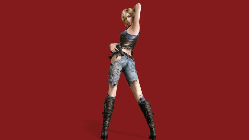 arms raised, adult, human limb, casual clothing, indoors, one person, torn jeans, Parasite Eve, ass, copy space, red background, arms up, human arm, colored background