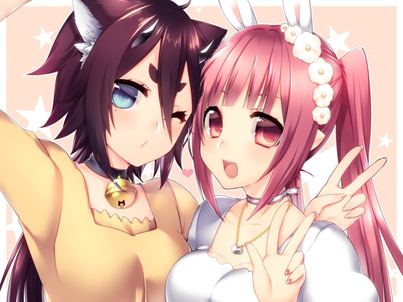blue eyes, pink eyes, Phantasy Star Online 2, pink hair, nekomimi, 1080P, long hair, open shirt, bunny ears, short hair, anime, horns, animal ears, anime girls