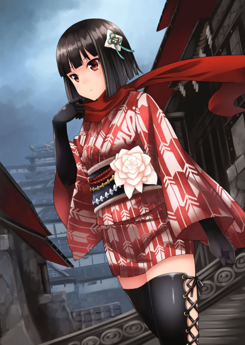 anime, thigh-highs, Phantasy Star Online 2, kimono, 1080P, anime girls, black hair, Japanese clothes, short hair, red eyes