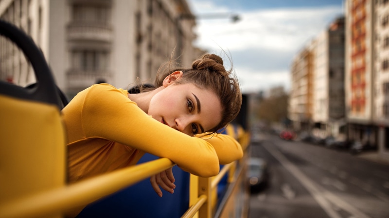 beautiful people, young women, beauty, outdoors, mode of transportation, city, Yuriy Lyamin, city life, 1080P, portrait, street, yellow clothing, hairstyle