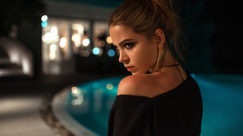 swimming pool, fashion, portrait, night, hair, looking, model, one person, depth of field, adult, women, bare shoulders, illuminated, Yuriy Lyamin, young women
