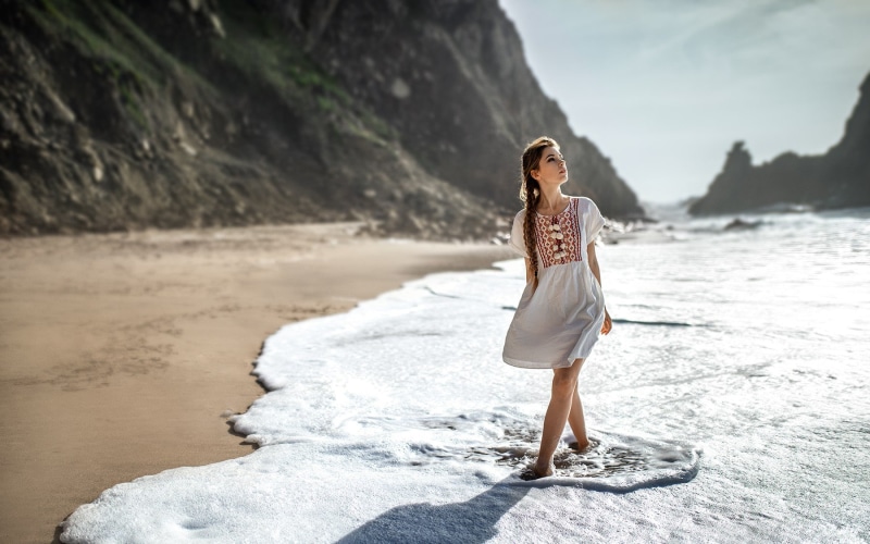 outdoors, brunette, women, coast, young adult, adult, lifestyles, dress, waves, holiday, hair, hairstyle, Yuriy Lyamin, beach, standing, leisure activity