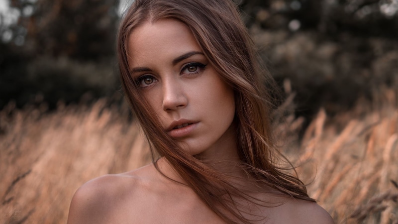 720P, brunette, brown eyes, portrait, long hair, Yuriy Lyamin, women, wind, Ksenia Kokoreva, looking at viewer