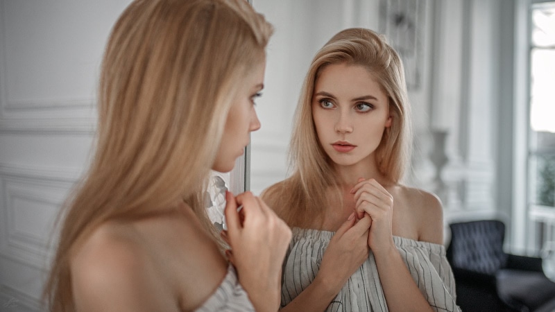 dress, blonde, bare shoulders, 720P, mirror, reflection, women, portrait, Yuriy Lyamin, Ksenia Kokoreva, face